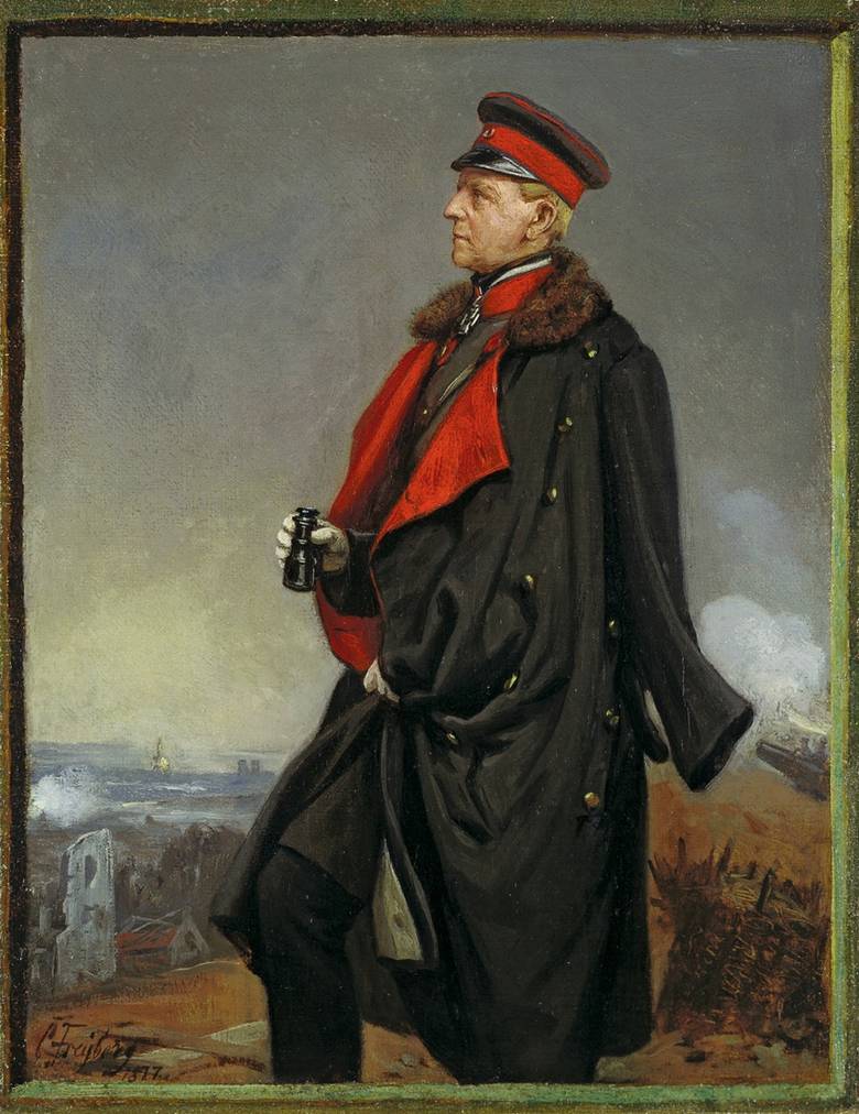 an in a military uniform, cap, and long coat standing on a hill overlooking a battlefield, spyglass in hand.