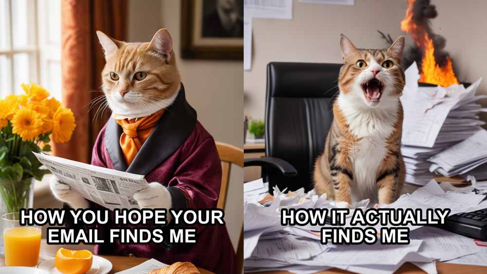 Meme. Left: relaxed cat; caption “How you hope your email finds me.” Right: frantic cat; caption “How it actually finds me”.