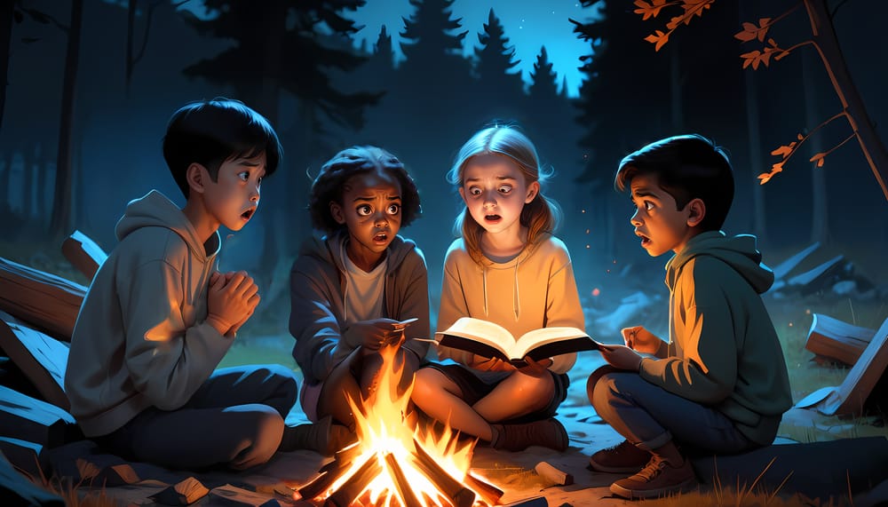 4 children around a campfire in a dark forest.